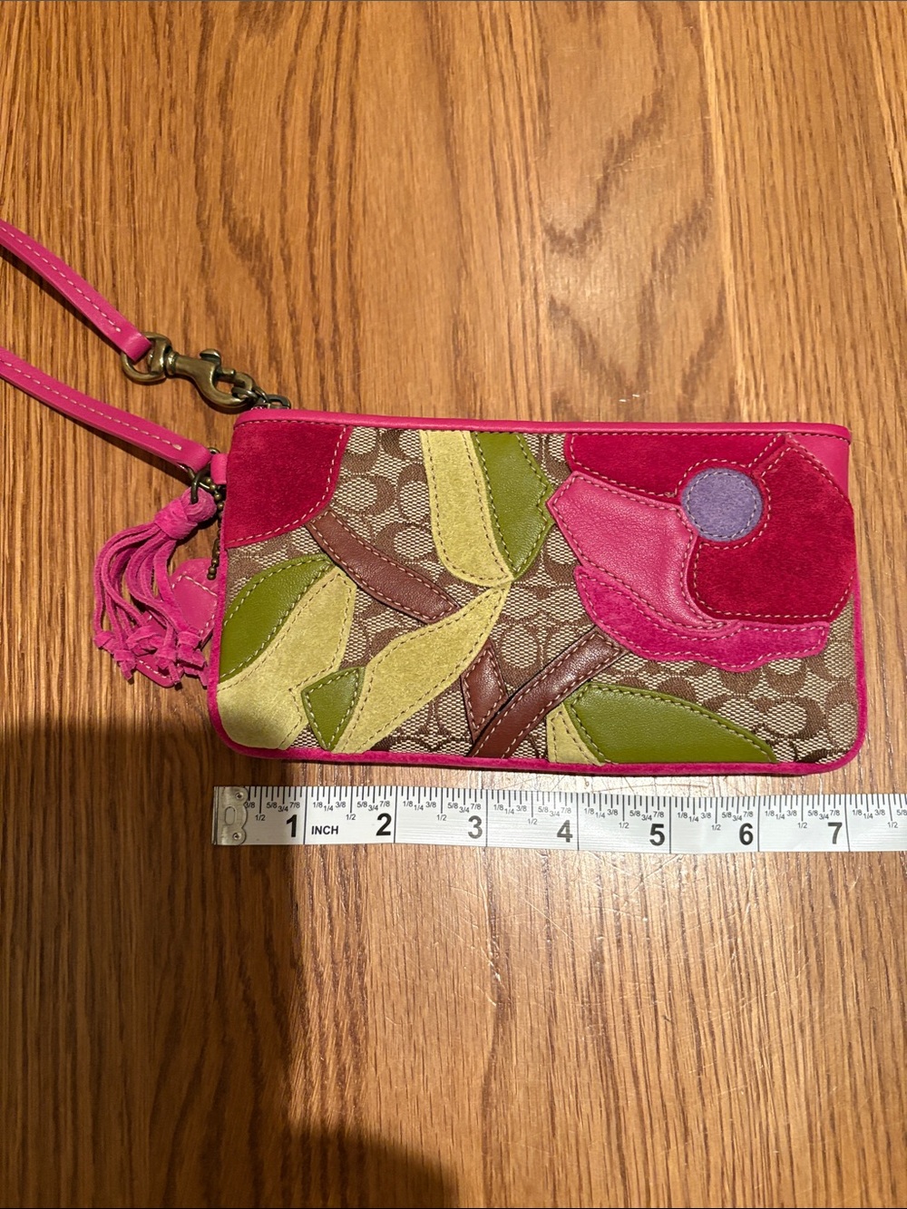 Coach Pink Floral Patchwork Wristlet with Green and Brown Leaves